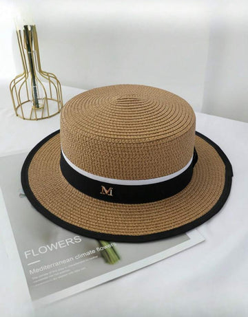 1pc Unisex Flat Top British Style Sun Hat & Straw Hat With M Sign For Daily Wear Elegant