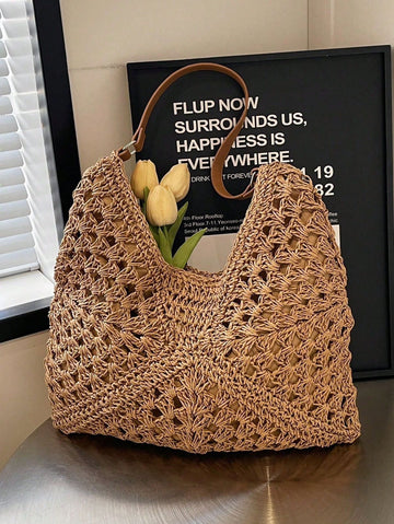 Large Capacity,Portable Women's Woven Straw Shoulder Bag Medium Size Handbag With Handle