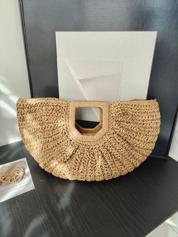 1pc Large Capacity Pleated Semi-Circle Woven Tote Bag, Solid Color, Fashion Straw Handbag For Women, Suitable For Beach, Travel, Daily Shopping, Great Mother's Day Gift