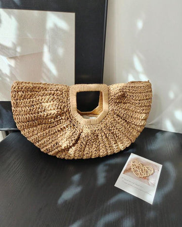 1pc Large Capacity Pleated Semi-Circle Woven Tote Bag, Solid Color, Fashion Straw Handbag For Women, Suitable For Beach, Travel, Daily Shopping, Great Mother's Day Gift