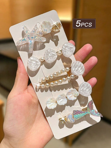 5pcs White Ocean Element Hair Clips Set For Women, Beach Hair Accessories With Faux Pearl, Rhinestones; Variety Styles Include Alligator Hair Clips