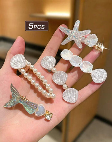 5pcs White Ocean Element Hair Clips Set For Women, Beach Hair Accessories With Faux Pearl, Rhinestones; Variety Styles Include Alligator Hair Clips