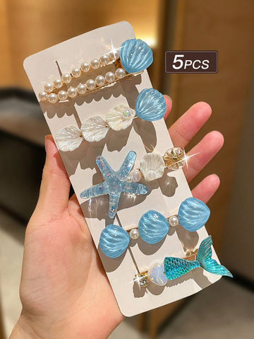 5pcs Blue Ocean Theme Hair Clips For Women, Beach Hair Accessories With Faux Pearl And Crystal Elements. Various Styles Including Claw Clips, Boho, And Large Clips. Suitable For Casual, Beach, And Mermaid-Inspired Outfits. Summer Fashion Accessories.