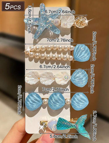 5pcs Blue Ocean Theme Hair Clips For Women, Beach Hair Accessories With Faux Pearl And Crystal Elements. Various Styles Including Claw Clips, Boho, And Large Clips. Suitable For Casual, Beach, And Mermaid-Inspired Outfits. Summer Fashion Accessories.