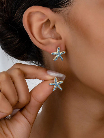 1pair Fashionable Elegant Blue Rhinestone Starfish Stud Earrings