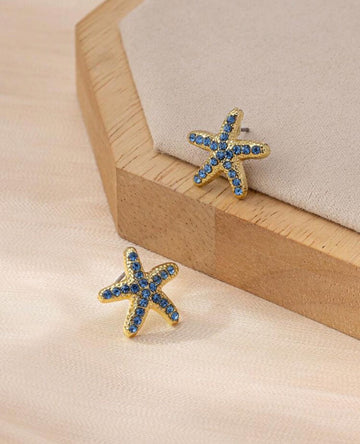 1pair Fashionable Elegant Blue Rhinestone Starfish Stud Earrings