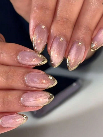 10pcs Handmade Almond Shape Purple Cat Eye Glitter Gold Mirror French Tip Cute Refined Minimalist Elegant Press-On Nails