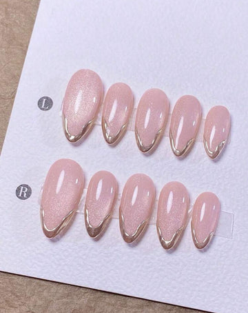 10pcs Handmade Almond Shape Purple Cat Eye Glitter Gold Mirror French Tip Cute Refined Minimalist Elegant Press-On Nails