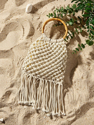 SHEIN SXY Ladies, Women Top Handle Bags, Fashionable, Elegant, Simple, Personalized, Versatile, Handmade Crochet, Tassel, For Beach, Vacation, Holiday, Summer, Seaside, Perfectly Matching With Crochet Set