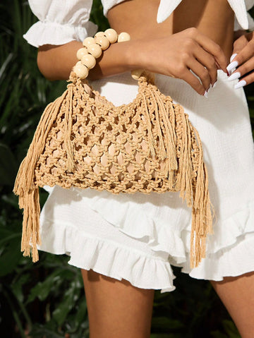 SHEIN SXY Women's Fashion Summer Vacation Crochet Wooden Beaded Handbag, Perfectly Matching With Crochet Set
