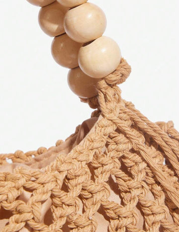 SHEIN SXY Women's Fashion Summer Vacation Crochet Wooden Beaded Handbag, Perfectly Matching With Crochet Set