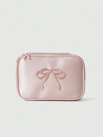 ROMWE Kawaii Satin Fabric Embroidered Bow Embroidery Cute Makeup Bag
