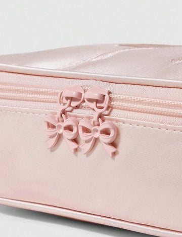 ROMWE Kawaii Satin Fabric Embroidered Bow Embroidery Cute Makeup Bag