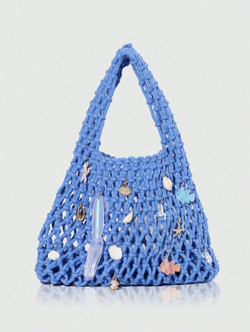 1pc Fashionable Personalized Spring/Summer Beach Vacation Style Orange Ocean Woven Beach Bag, Large Size Women Handbag