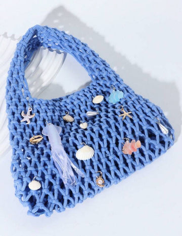 1pc Fashionable Personalized Spring/Summer Beach Vacation Style Orange Ocean Woven Beach Bag, Large Size Women Handbag