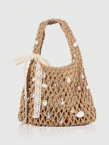 ROMWE Fairycore 1pc Fashionable Personalized Spring/Summer Beach Vacation Style Orange Ocean Woven Beach Bag, Large Size Women Handbag