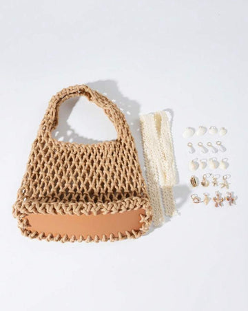 ROMWE Fairycore 1pc Fashionable Personalized Spring/Summer Beach Vacation Style Orange Ocean Woven Beach Bag, Large Size Women Handbag