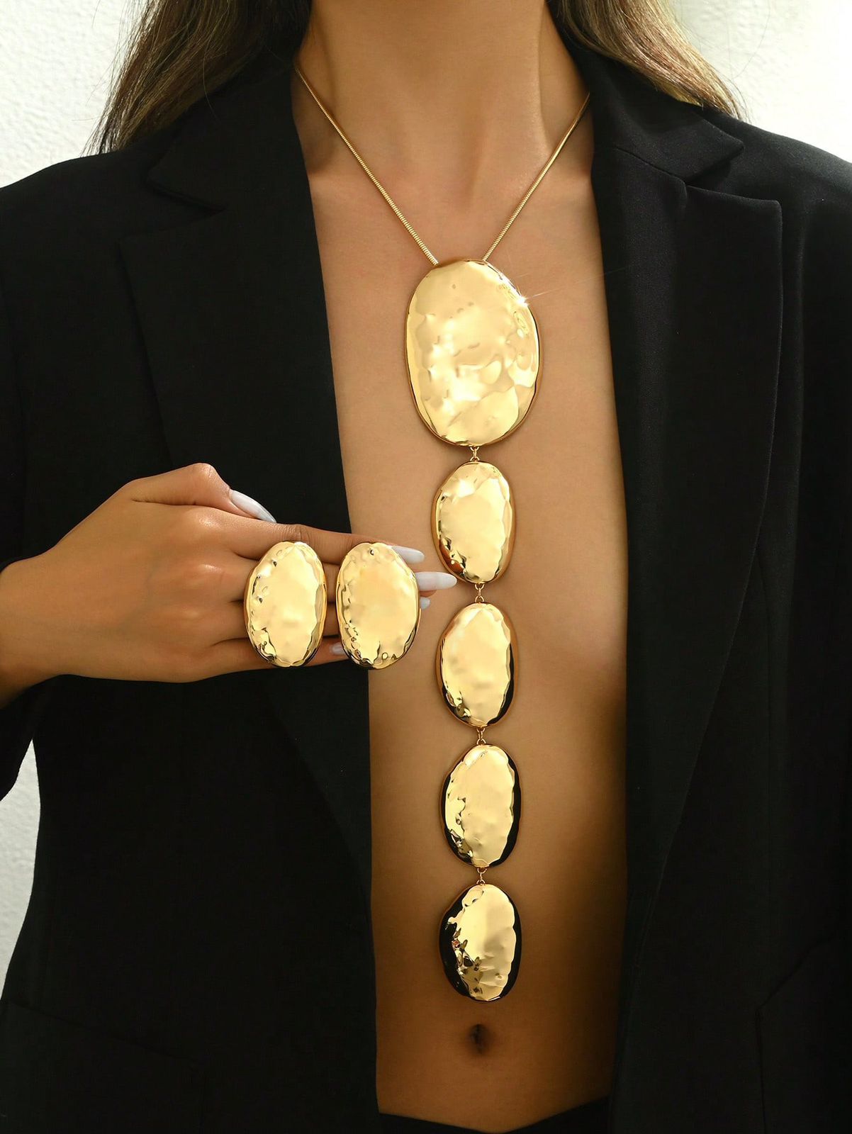 2pcs/Set Metallic Geometric Asymmetrical Hammered Texture Graduated Size Extra Long Pendant Necklace & Earrings Jewelry Set