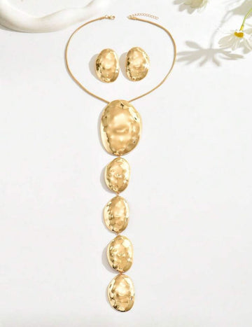 2pcs/Set Metallic Geometric Asymmetrical Hammered Texture Graduated Size Extra Long Pendant Necklace & Earrings Jewelry Set