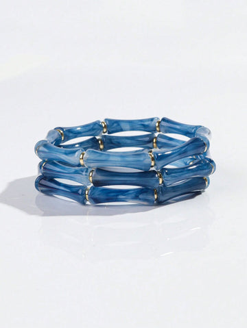 1set 3pcs Acrylic Marble Pattern Dark Blue Bamboo Joint Stacking Bangles Suitable For Women Daily Wear