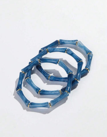 1set 3pcs Acrylic Marble Pattern Dark Blue Bamboo Joint Stacking Bangles Suitable For Women Daily Wear