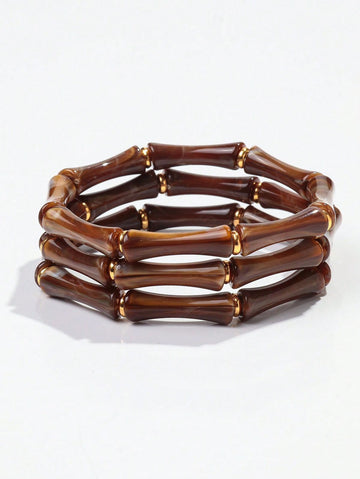 3pcs/Set Acrylic Green Marble Patterned & Bamboo Bead Stacking Bracelets, Suitable For Women's Daily Wear