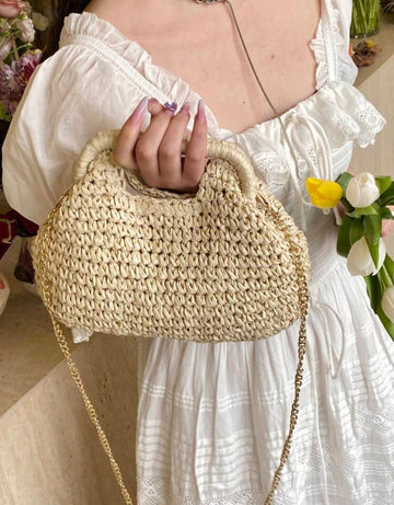 Fashionable Straw Woven Handbag, Elegant For Vacation Travel, Sophisticated Tote Bag, Beige Crossbody Beach Bag, Lightweight Clutch