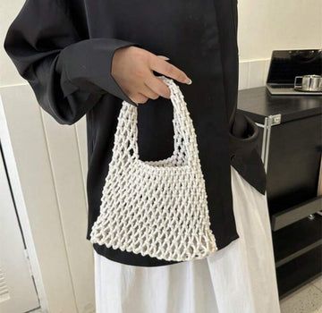 Solid Color Hollowed-Out Hand-Woven Shoulder Bag, Stylish Hand-Woven Handbag With Exquisite Single Strap Mesh Design, Perfect For Beach Vacations Or Summer Trips, Light And Breathable, Showing A Natural Casual Style