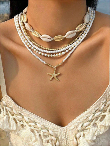 5pcs Bohemian Style Handmade Braided Beaded Seashell & Starfish Pendant Clavicle Chain Necklace