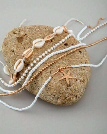 5pcs Bohemian Style Handmade Braided Beaded Seashell & Starfish Pendant Clavicle Chain Necklace