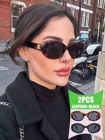 2pcs Retro Oval Women Glasses, Fashionable Cat-Eye High-Quality European And American Style Street Shooting Eyewear Preppy Style For Back To School Oval Shape Temple Decor