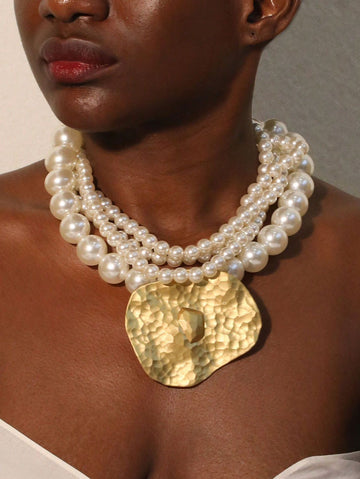 1pc Layered Faux Pearl Beaded Necklace, Suitable For Women's Formal Events And Gifts