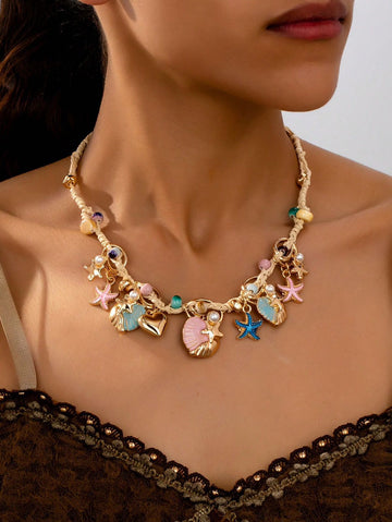 1 Pc Boho Sea Life Inspired Colorful Starfish & Shell Beaded Necklace With Faux Pearl, Suitable For Women Daily, Resort, Beach Party