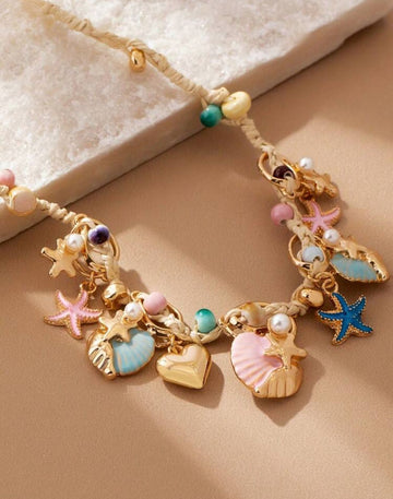 1 Pc Boho Sea Life Inspired Colorful Starfish & Shell Beaded Necklace With Faux Pearl, Suitable For Women Daily, Resort, Beach Party
