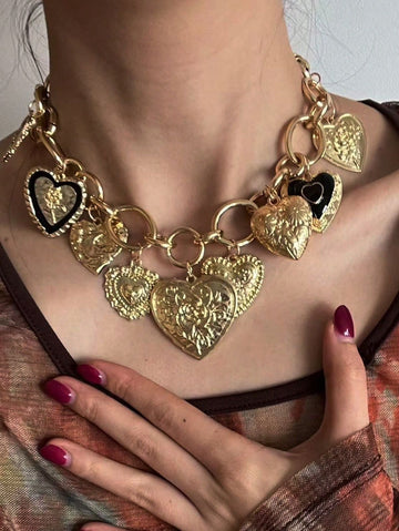 PARERTQH 1pc Women Retro High-End Chain Metal Heart Pendant Necklace