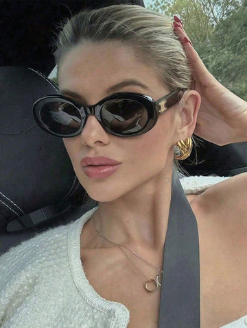 1pc Vintage Oval Women's Fashion Glasses, Fashionable Cat Eye High-End Street Style Glasses