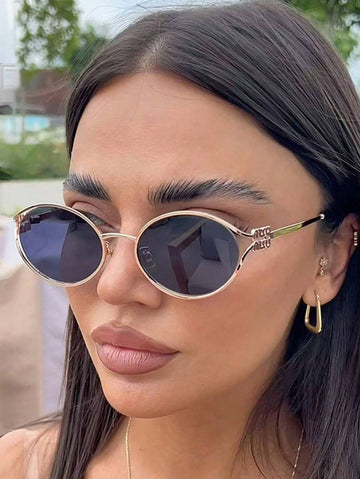 1pc Casual Letter Decor Oval Women's Sunglasses, Y2K Style, Special Temple Design, Perfect Summer Beach, Travel, Holiday Fashion Gift Shade Going Out Outfit Outdoor Beach Seaside Vacation And Gift For Family And Friends