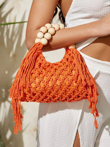 SHEIN SXY Women's Fashion Summer Vacation Crochet Wooden Bead Handle Tote Bag