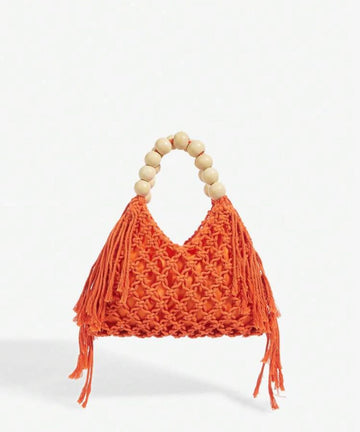 SHEIN SXY Women's Fashion Summer Vacation Crochet Wooden Bead Handle Tote Bag