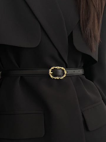1pc Women's Black Pu Material Vintage Gold Buckle Versatile Belt Casual Summer, School Fall, Autumn, Halloween