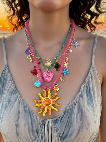 1pc Luxury Vacation Style Metal Crab, Shell, & Face Beaded Multi-Layer Necklace For Women
