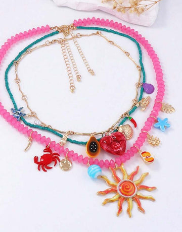 1pc Luxury Vacation Style Metal Crab, Shell, & Face Beaded Multi-Layer Necklace For Women