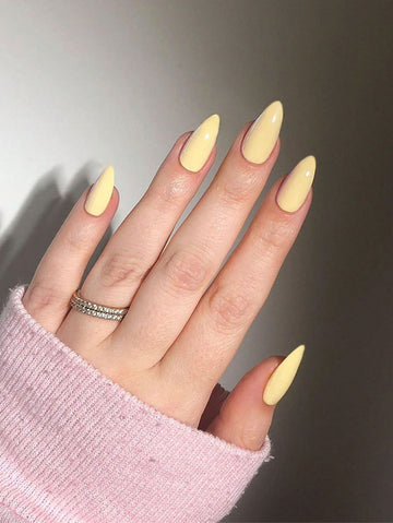 24Pcs Long Almonds Glossy Yellow Acrylic Press On Nails Medium Fit Perfectly Fake Nail Set,Contain 1Pc Jelly Glue And 1Pc Nail File,Summer Nails For Woman & Girl Daily Wear Rave Party Use Nail Supplies Nails
