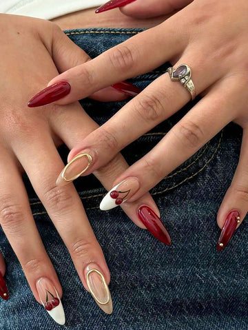 10Pcs Pure Handmade Sexy Dark Red Gold Line Coil White 3D French Style Cherry Almond Shaped Press-On Nails, Premium High-End Luxury Nail Supplies Nails