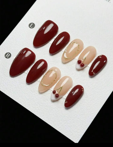 10Pcs Pure Handmade Sexy Dark Red Gold Line Coil White 3D French Style Cherry Almond Shaped Press-On Nails, Premium High-End Luxury Nail Supplies Nails