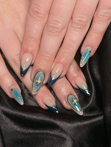 24Pcs Long Almond-Shaped Press On Nails Halloween New Eight-Pointed Star Blue French Edge Multi-Star Party Party Essential Nail With Jelly Glue And File Strip 1 Piece Nail Supplies Nails