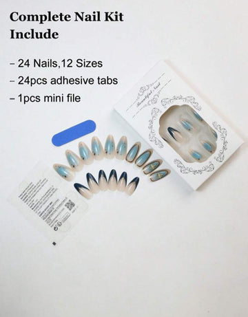 24Pcs Long Almond-Shaped Press On Nails Halloween New Eight-Pointed Star Blue French Edge Multi-Star Party Party Essential Nail With Jelly Glue And File Strip 1 Piece Nail Supplies Nails