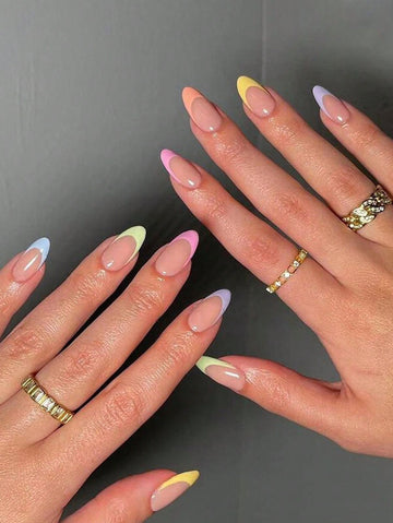 Enhance Your Look For Parties, Dates And Everyday Wear With Fashionable Design 24pcs Rainbow Color Almond Shaped French Soft Full Coverage Press-On False Nail Tips. Press On Nails Nail Supplies