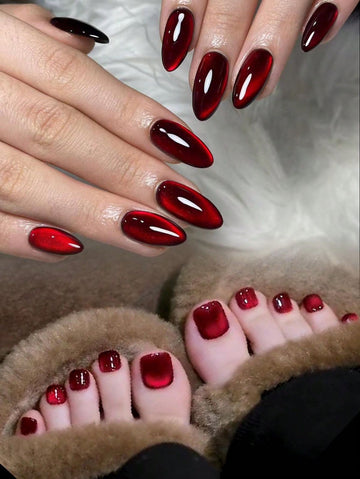 2Set/48Pcs Y2K Aesthetic Blood-Red Crystal Cat Eye Hand & Toe Nails Design Press On Nails Almond Cat Eye Acrylic False Nails ,Contain 2Pcs Jelly Glue And 2Pcs Nail File,Red Nails & Summer Nails Suitable For Woman