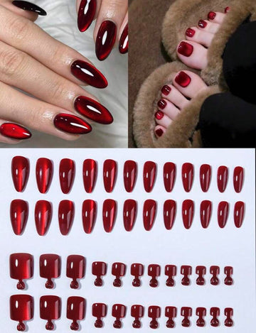 2Set/48Pcs Y2K Aesthetic Blood-Red Crystal Cat Eye Hand & Toe Nails Design Press On Nails Almond Cat Eye Acrylic False Nails ,Contain 2Pcs Jelly Glue And 2Pcs Nail File,Red Nails & Summer Nails Suitable For Woman